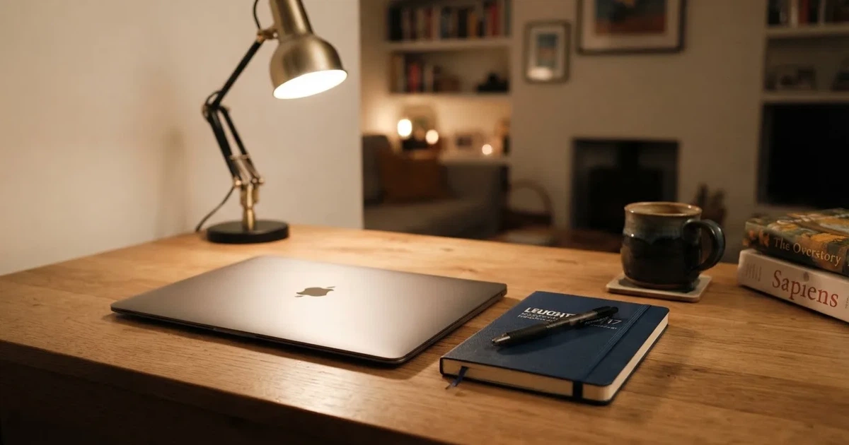 Zamknięty laptop i mały notes leżą na uporządkowanym domowym biurku obok lampki biurkowej.