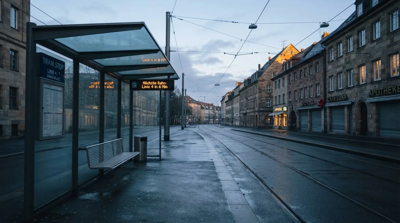 Pusta wiata przystanku tramwajowego na miejskiej ulicy o świcie, pusta ławka i mokry chodnik.