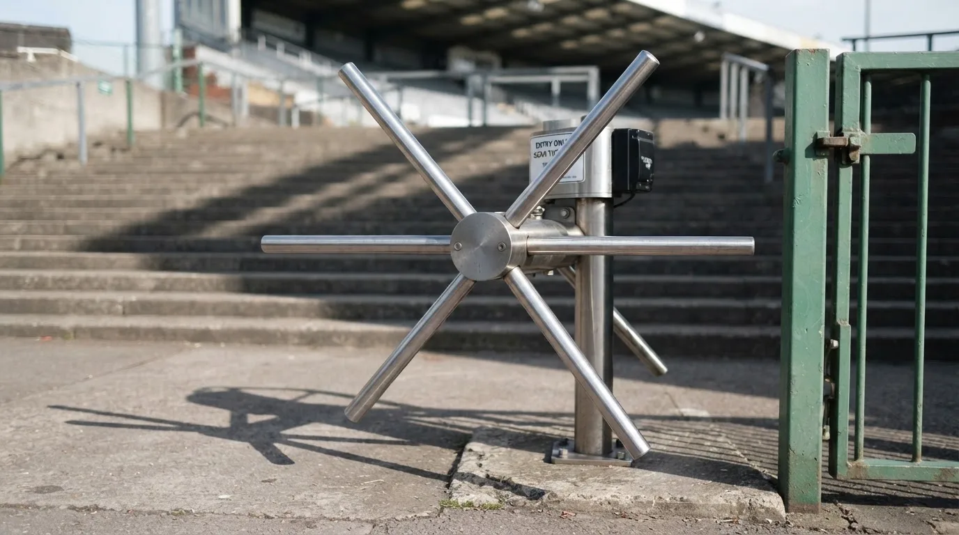Metalowa bramka obrotowa przy pustym wejściu na stadion w świetle dziennym, pręty łapią blask słońca.