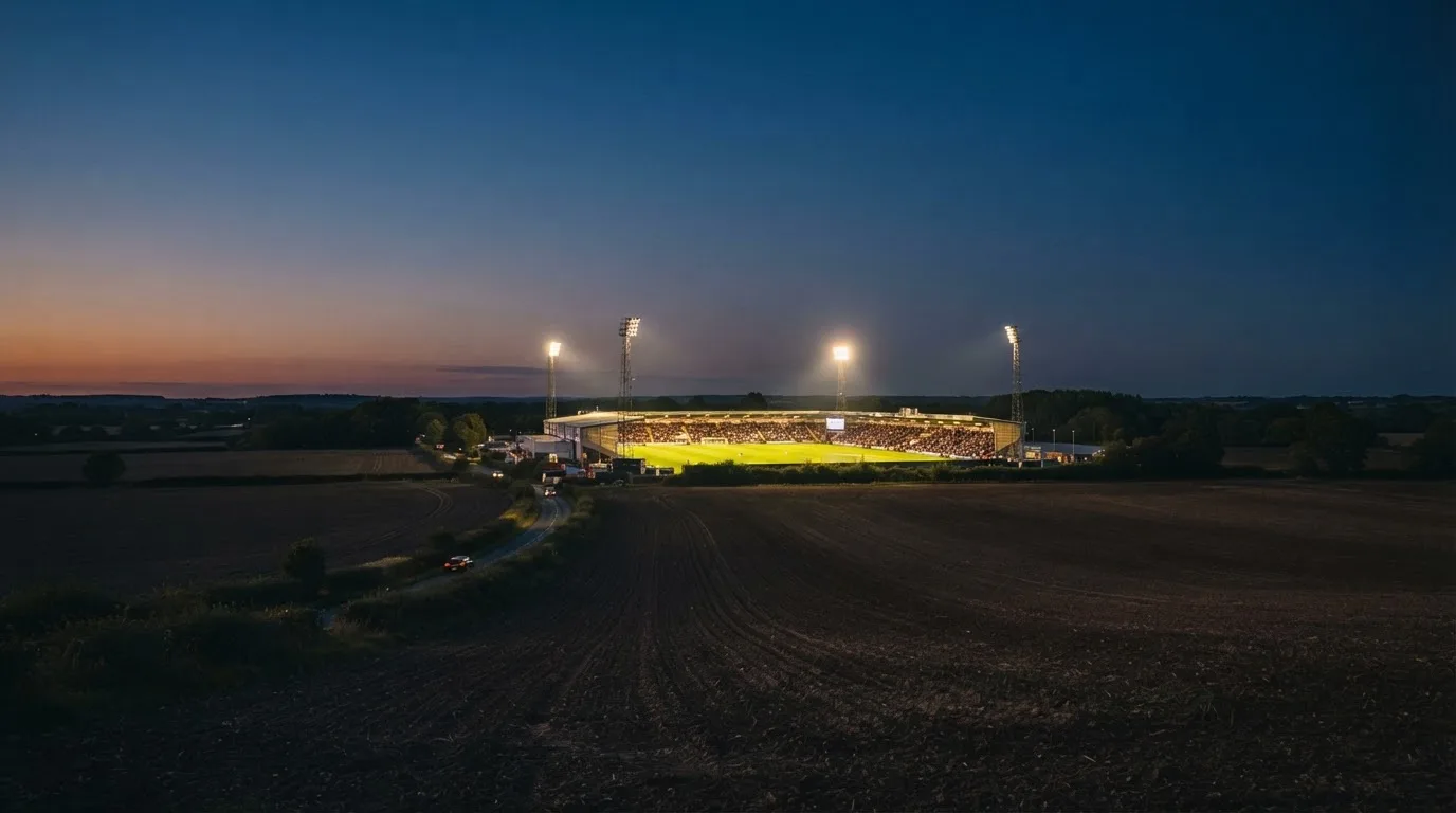 Stadion rozświetlony reflektorami widziany z daleka znad ciemnych pól w pogodny wieczór.