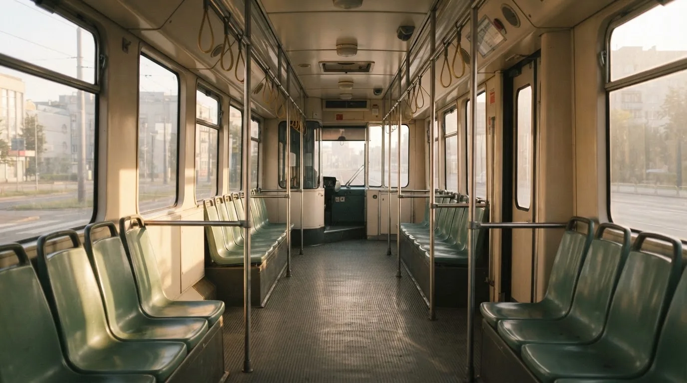 Wnętrze pustego tramwaju z rzędami siedzeń i poręczą w porannym świetle.