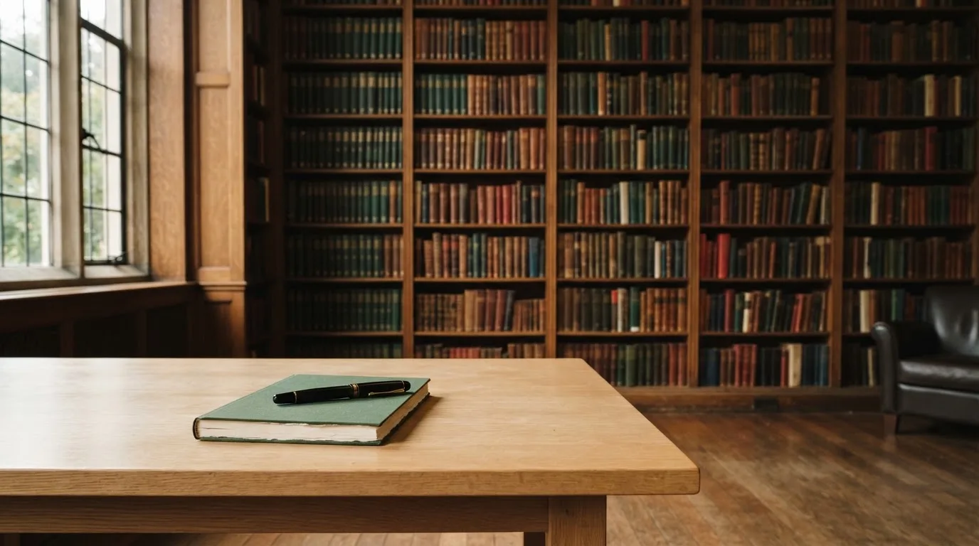 Wysoka drewniana biblioteczka w cichym pokoju czytelni, książki ustawione w równych rzędach.