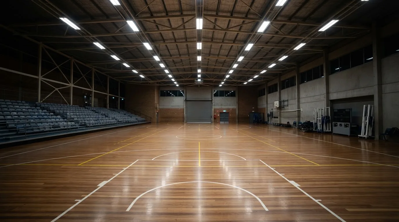 Duża hala sportowa widziana z daleka, parkiet jest pusty, a nad nim świecą rzędy reflektorów.
