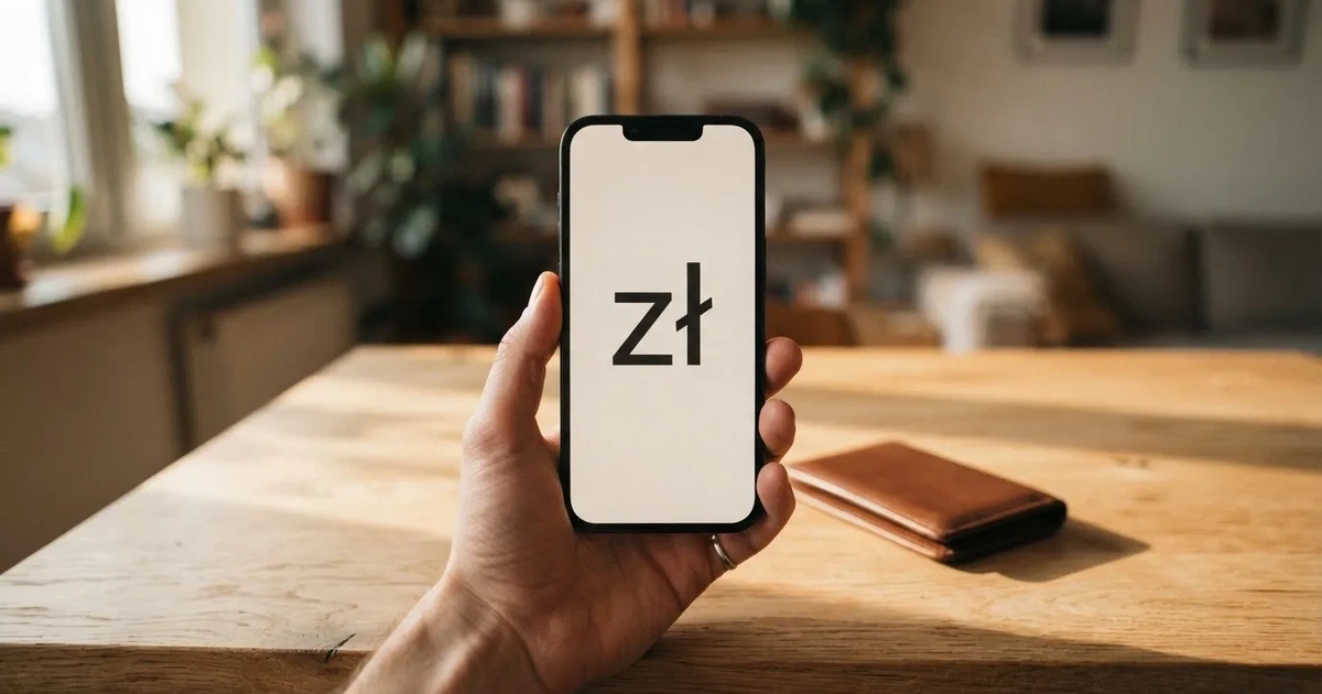 Dłoń trzyma smartfon tyłem do obiektywu nad jasnym blatem, obok leży niewielki skórzany portfel.