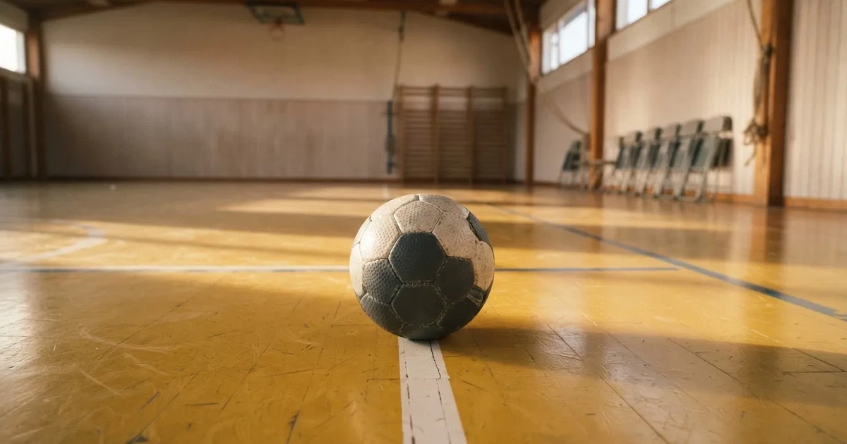 Piłka ręczna leży na żółtym parkiecie sali sportowej, pod ścianą stoją złożone krzesła.