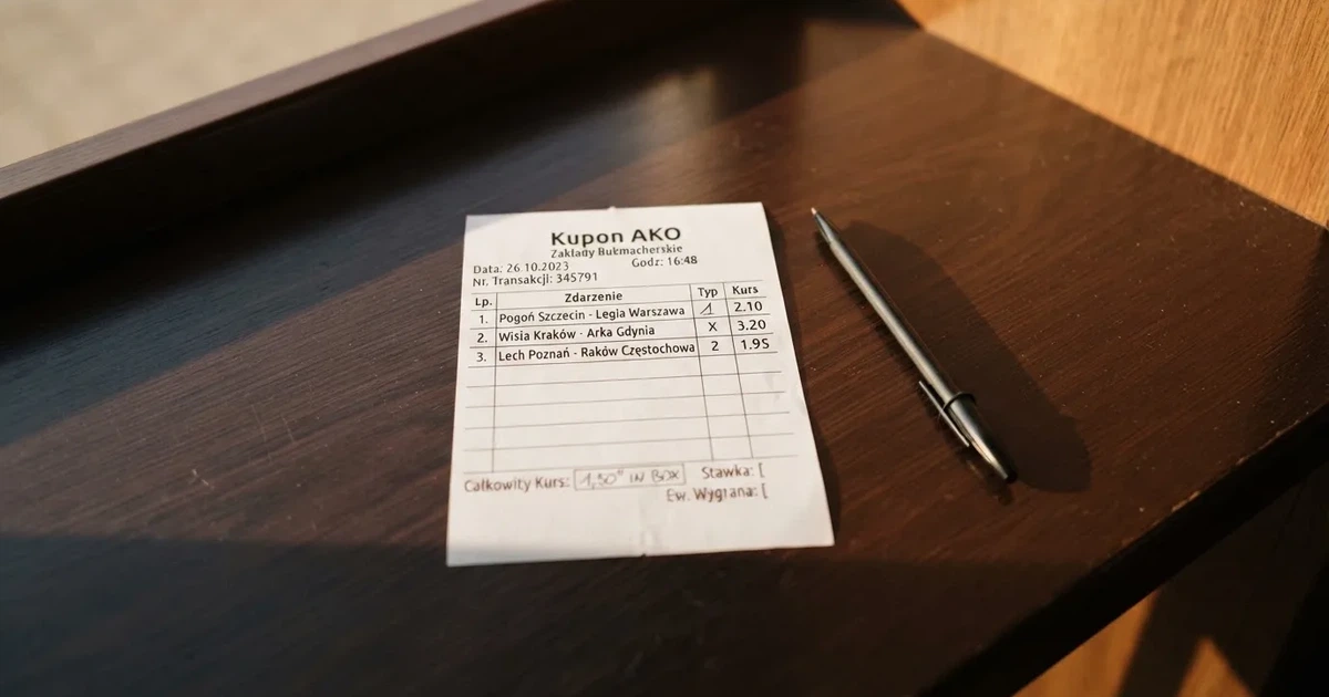 Biały papierowy kupon z pustymi polami leży na ciemnym blacie obok długopisu, widok z góry.