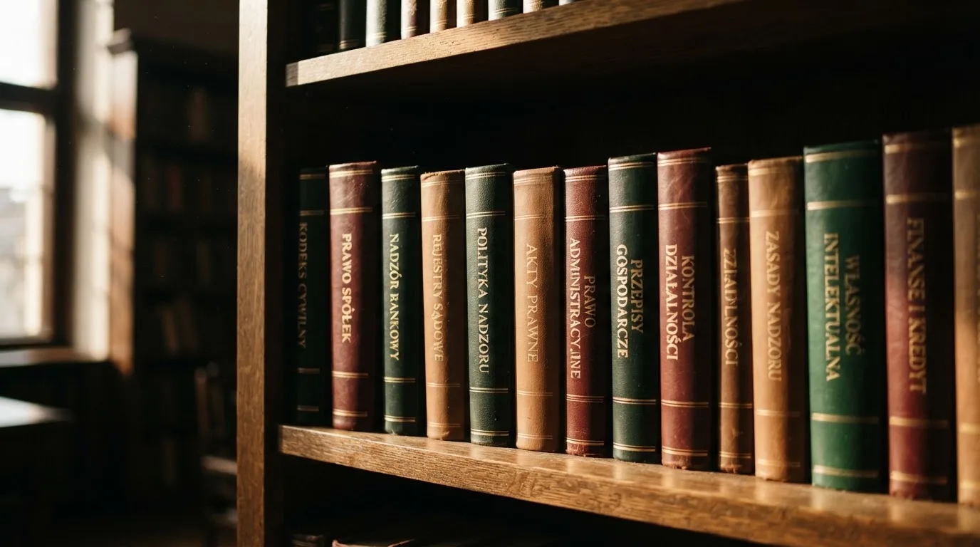 Regał z zamkniętymi książkami w skórzanych oprawach w cichej bibliotece, światło pada z boku.