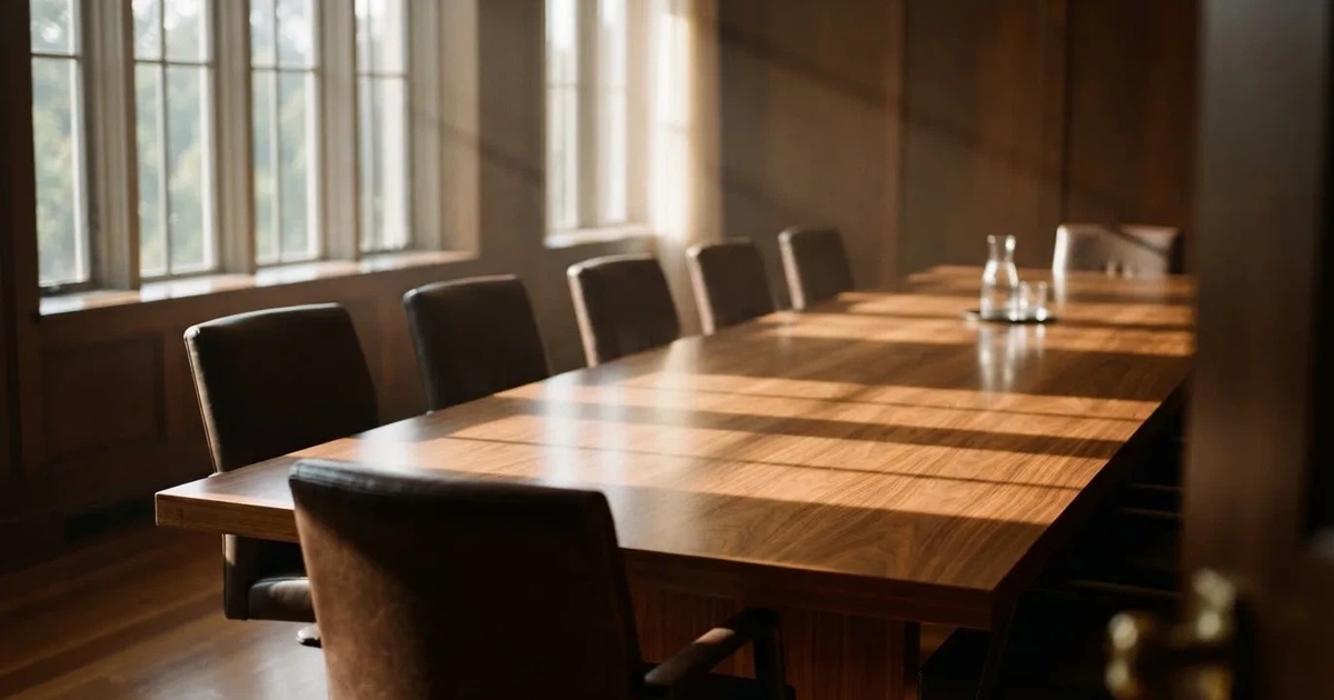 Pusta sala konferencyjna z długim stołem i skórzanymi krzesłami, światło wpada przez wysokie okna.