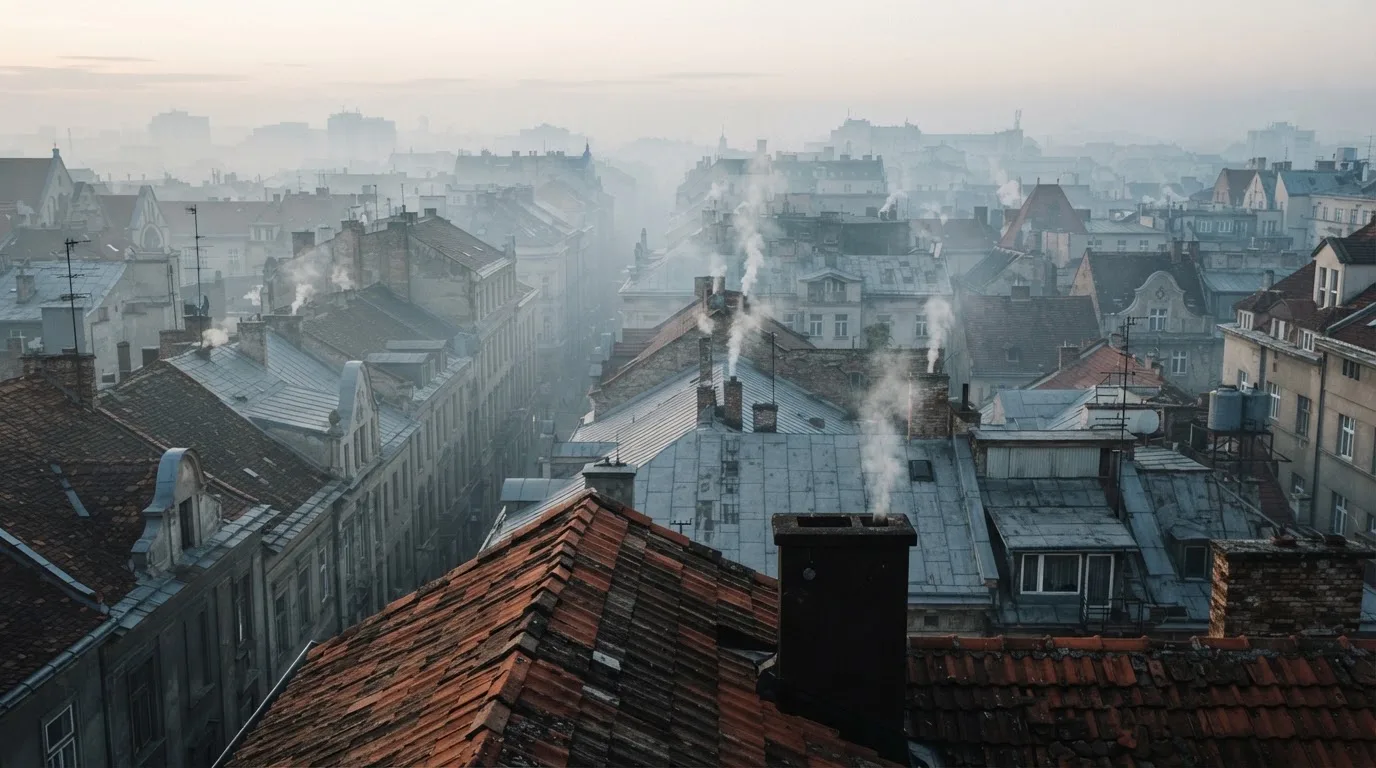 Dachy miasta widziane z góry w mglisty poranek, nad nimi unosi się para.