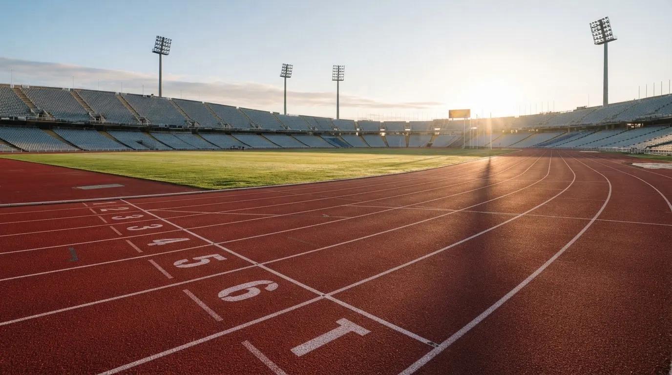 Bieżnia lekkoatletyczna wygięta w łuk pustego stadionu w porannym słońcu.