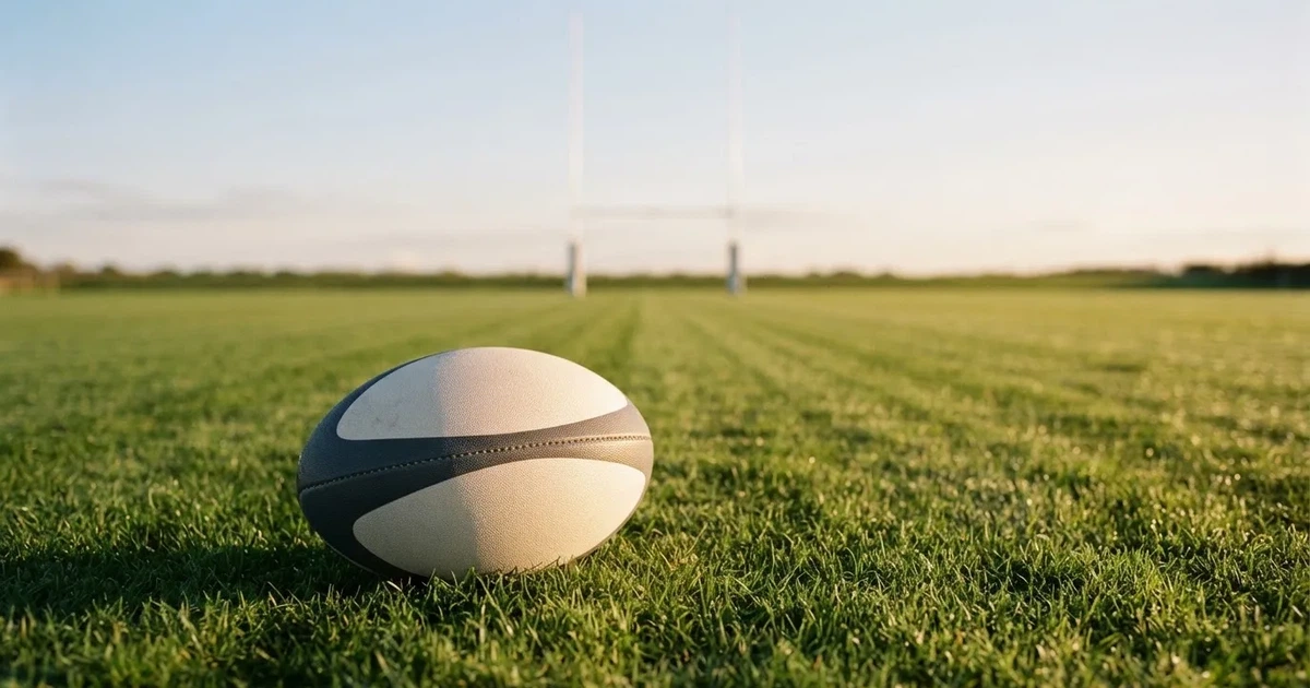 Piłka do rugby leży na pustej murawie, w tle stoją wysokie słupy bramki.