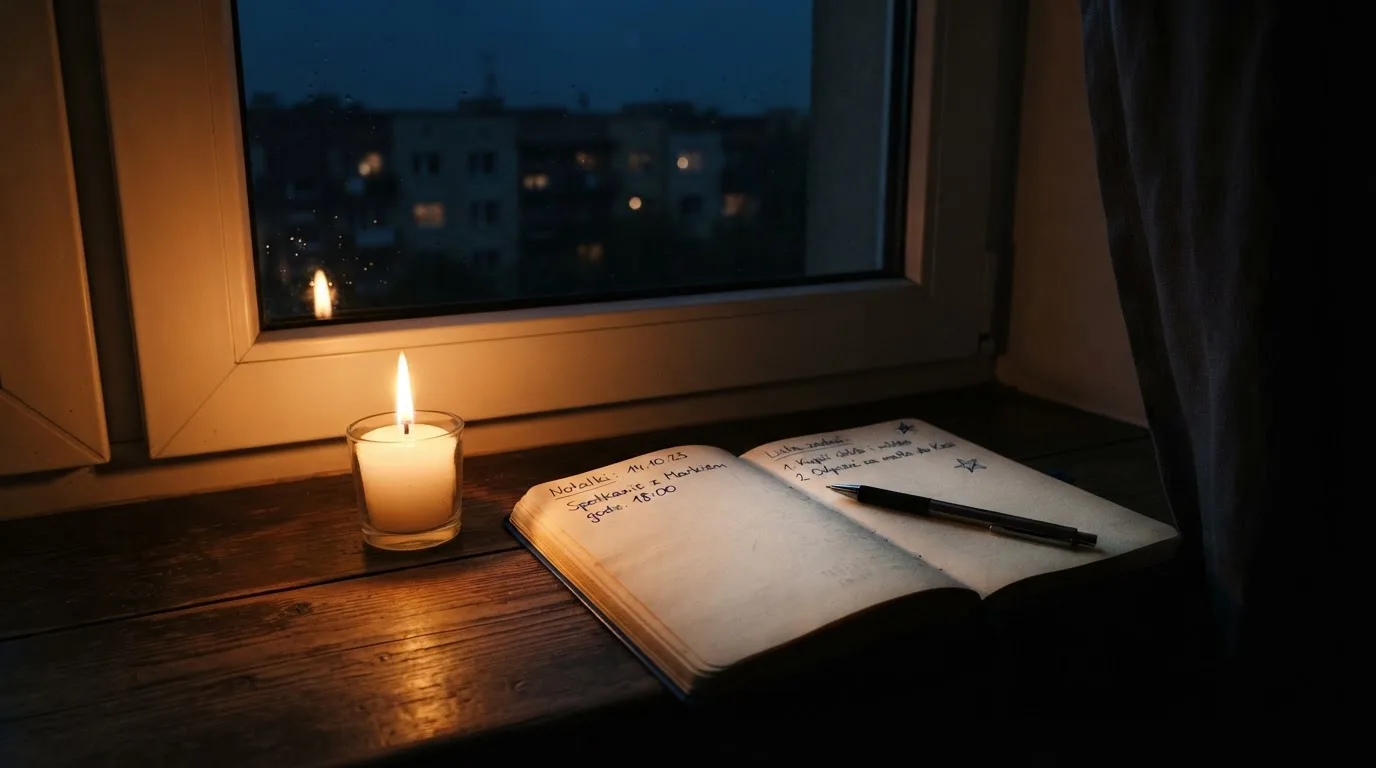 Zapalona świeca na parapecie w ciemnym pokoju, za oknem noc.