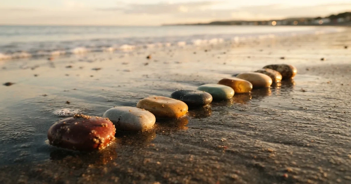 Kilka kamyków w różnych kolorach ułożonych w rzędzie na wilgotnym piasku plaży.