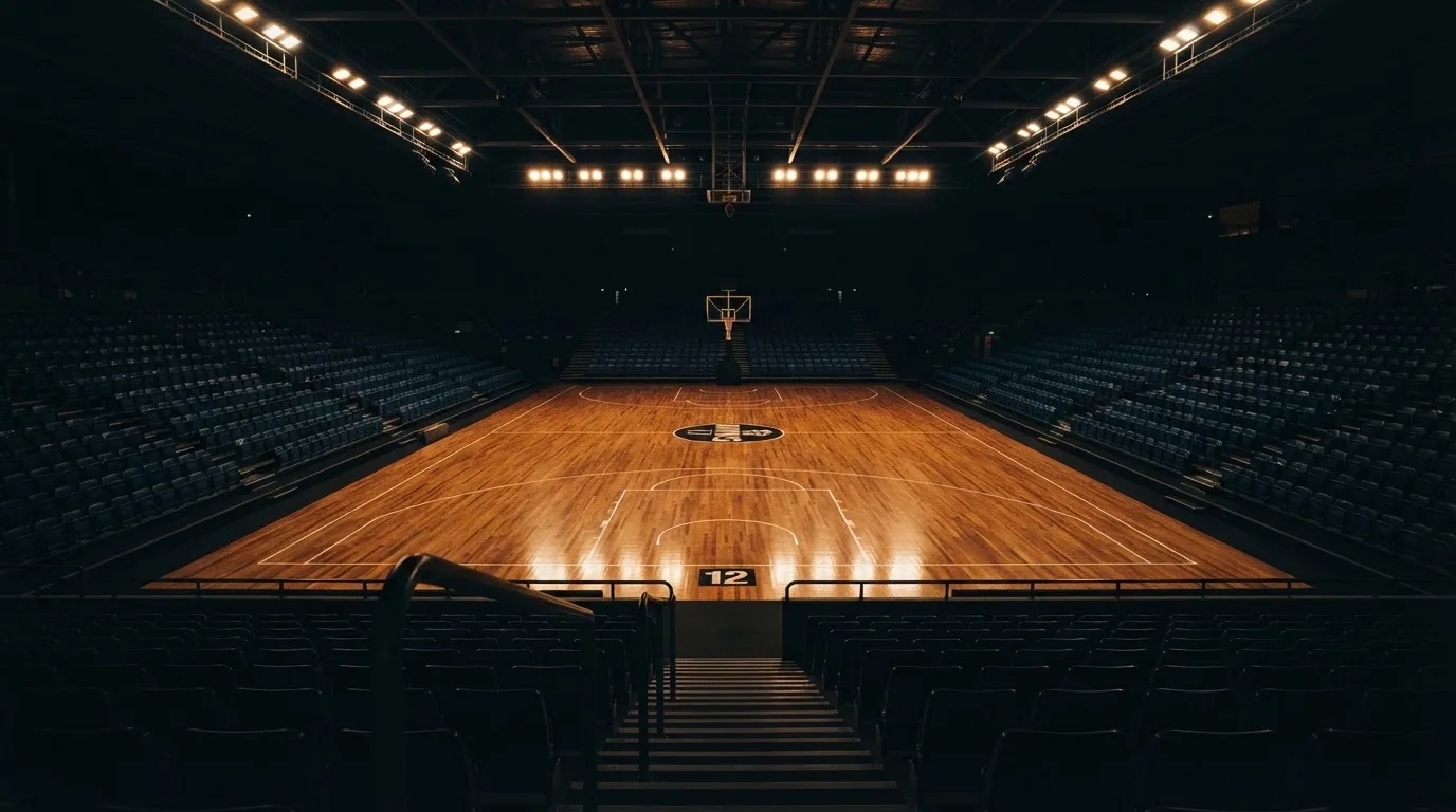 Hala sportowa widziana z dużej odległości w półmroku, nad pustym parkietem świecą rzędy reflektorów.