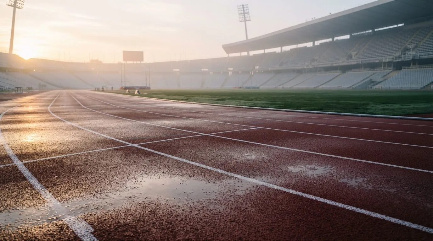 Pusty tor biegowy stadionu lekkoatletycznego o poranku, mokra czerwona nawierzchnia i smugi mgły nad trybunami.
