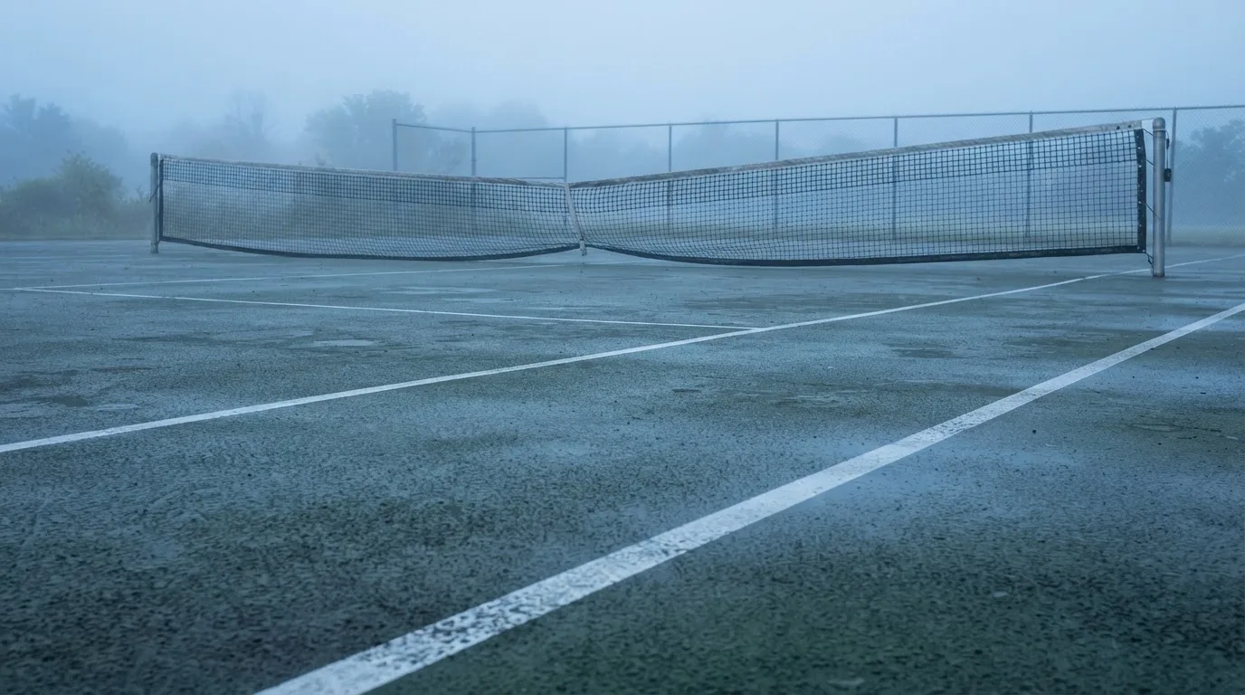 Kort tenisowy o świcie z rosą na linii końcowej i opuszczoną siatką, w tle mgła.