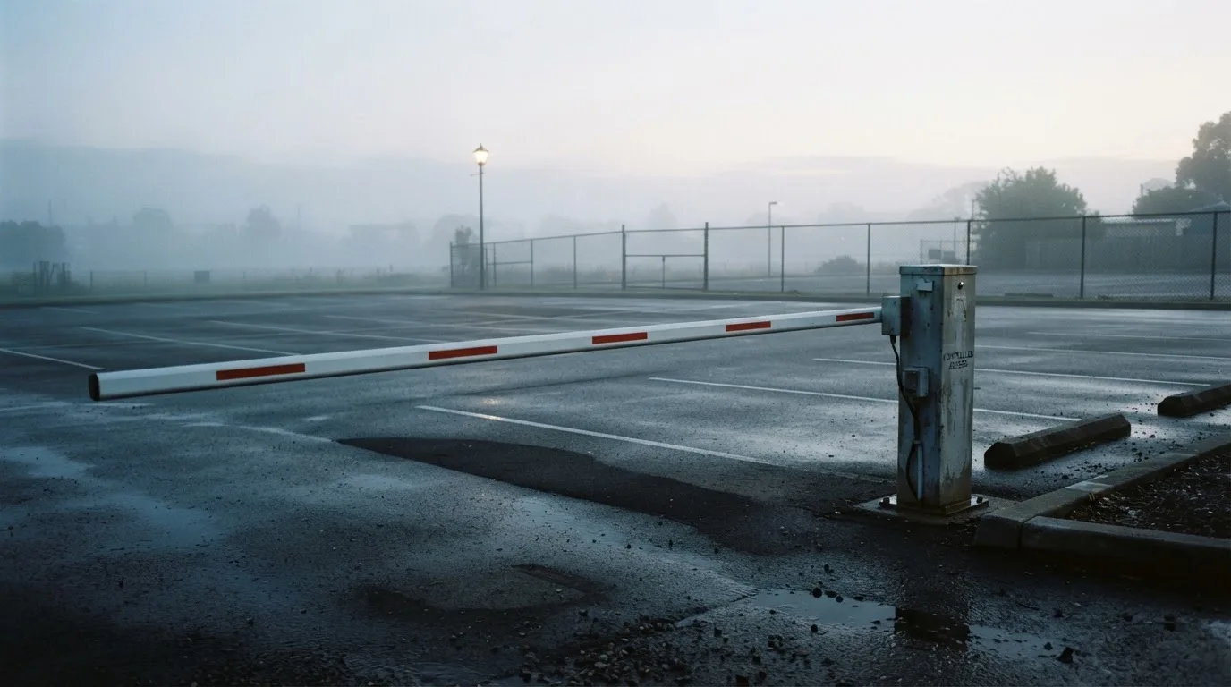 Szlaban w poziomie przy wjeździe na pusty parking o świcie, mgła nad asfaltem.