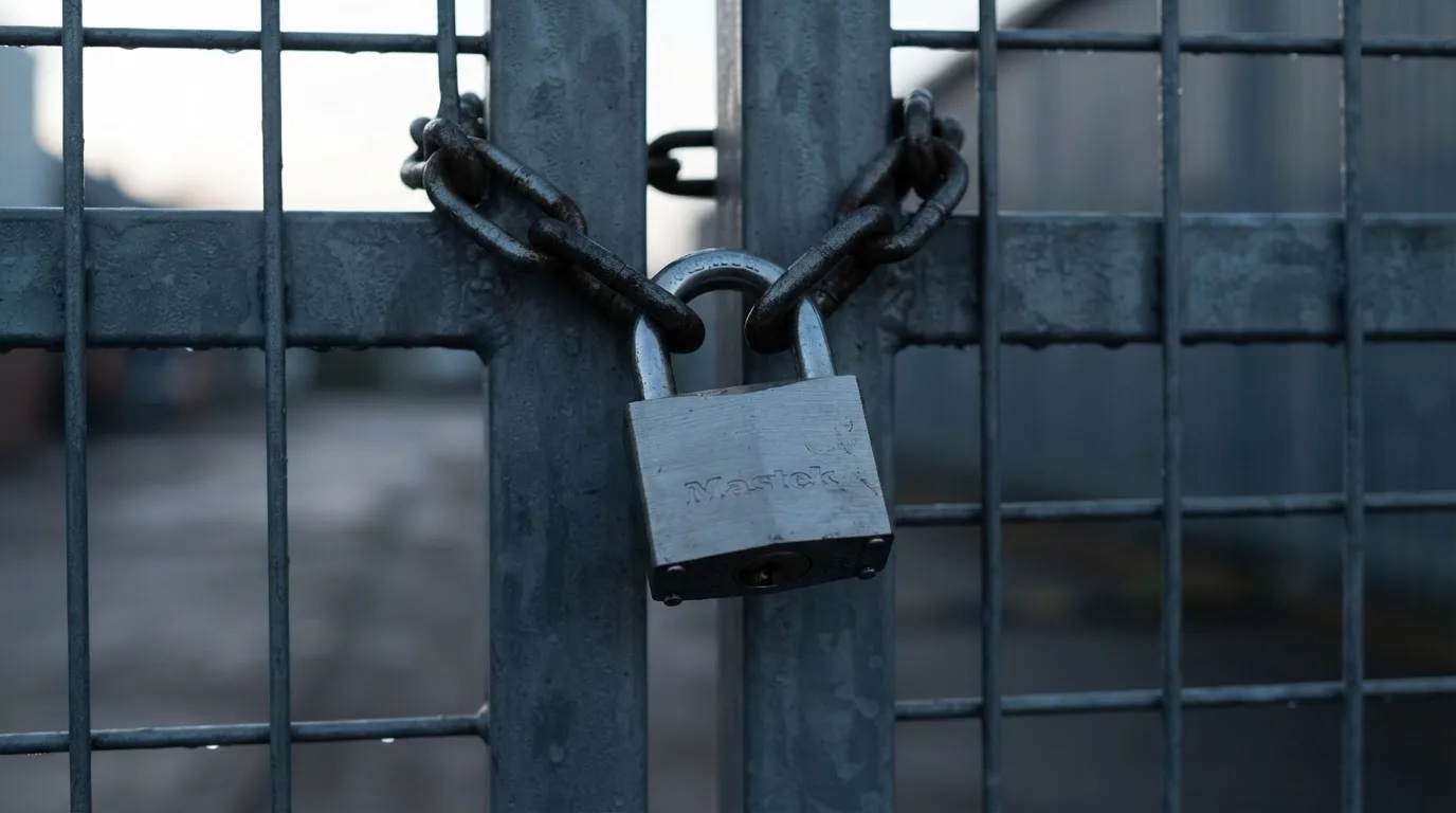 Zamknięta kłódka na łańcuchu przy metalowej bramie, ujęcie z bliska w chłodnym świetle poranka.