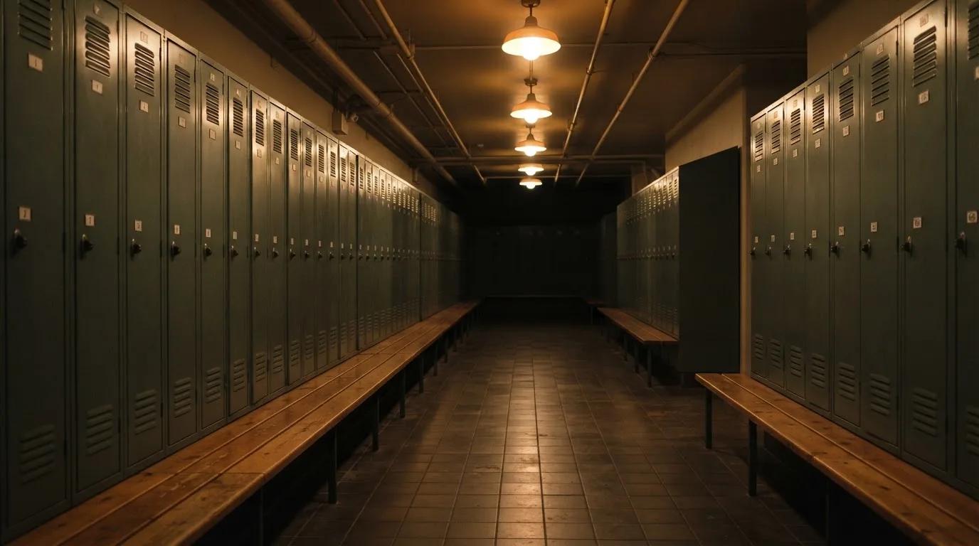 Szatnia sportowa z rzędem pustych ławek i szafek w ciepłym świetle lamp.