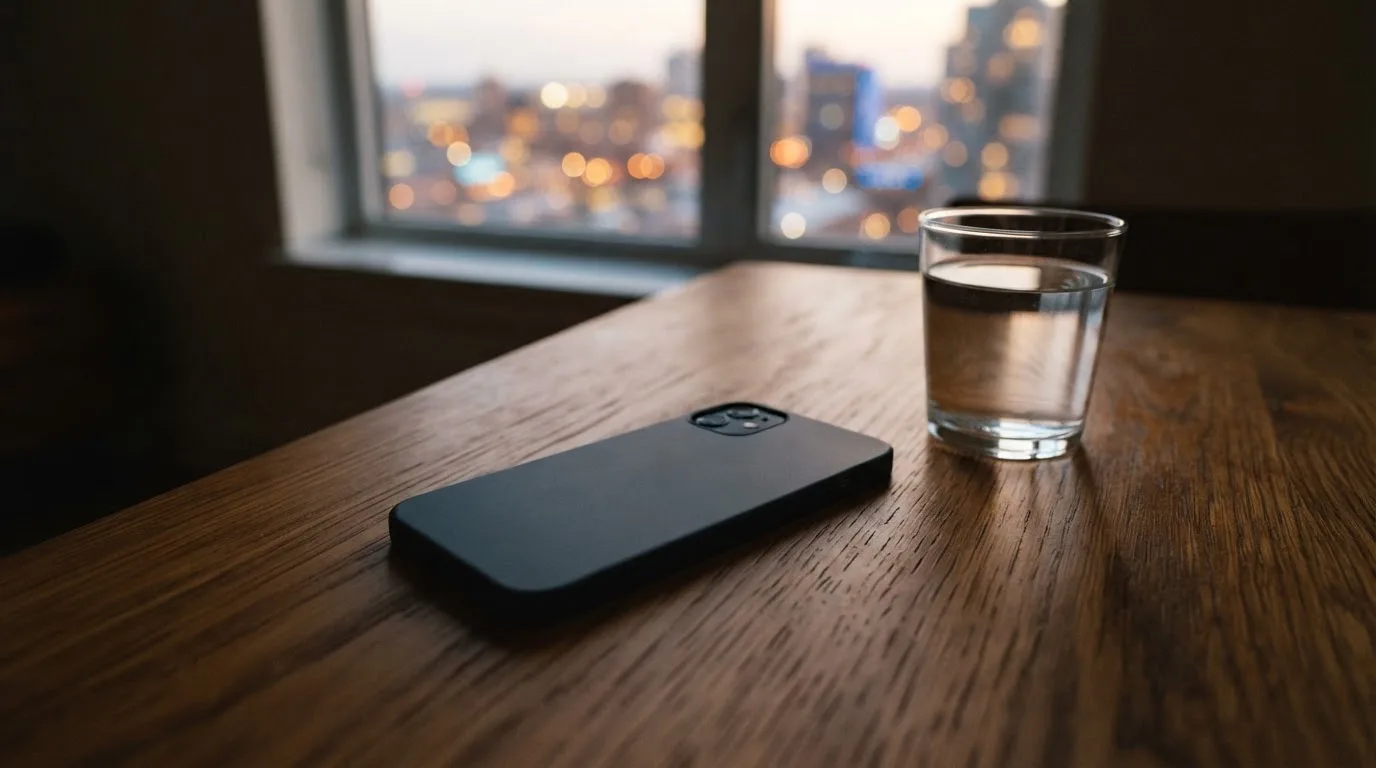 Smartfon leżący ekranem do dołu na drewnianym stole obok szklanki wody, za oknem wieczorne światło miasta.