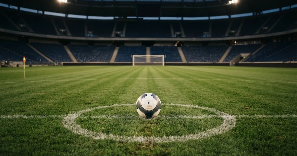 Piłka nożna leżąca na środku murawy w pustym stadionie przed meczem, rzędy siedzisk w półmroku.