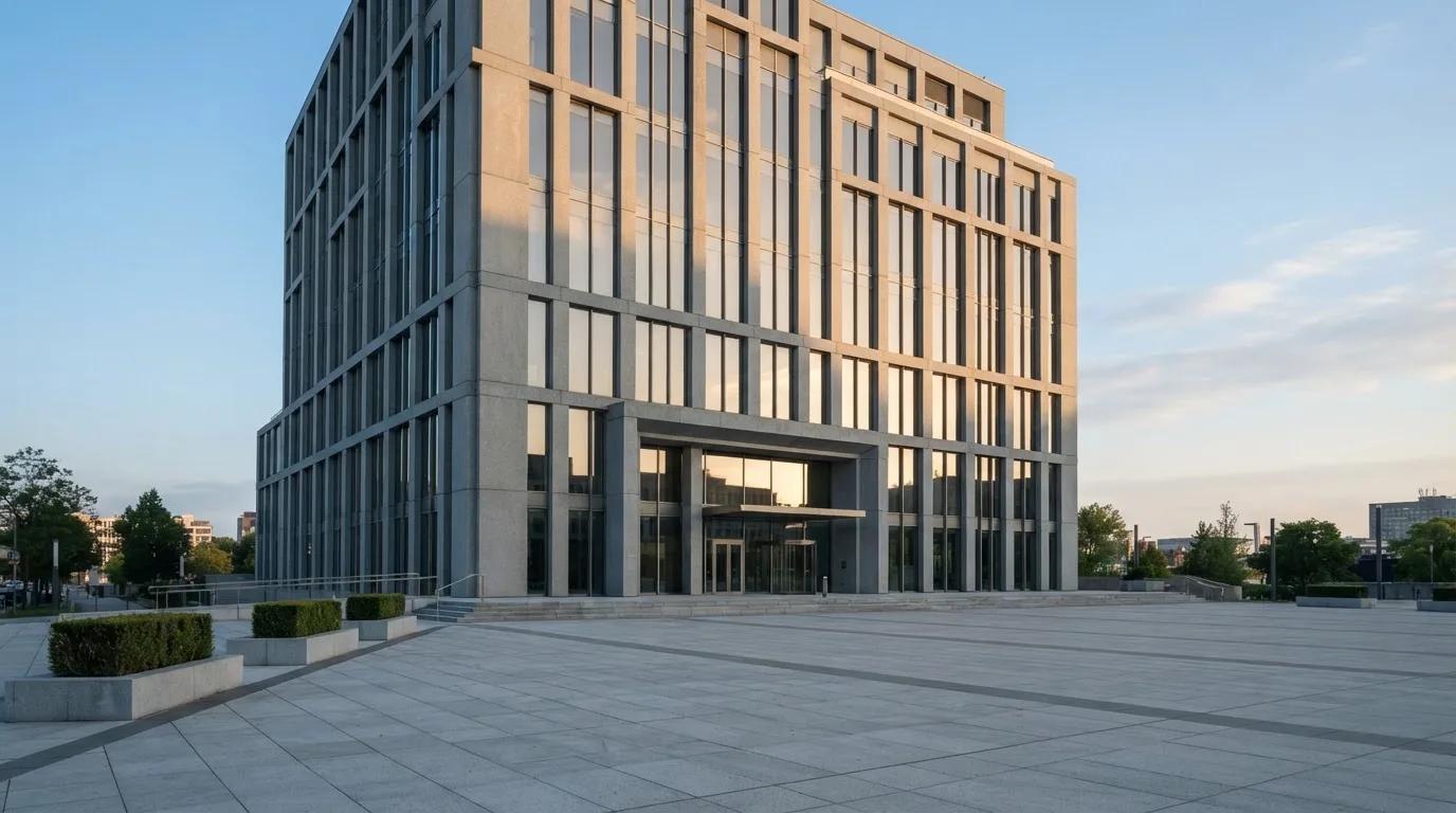 Nowoczesny budynek z szarego betonu i szkła o poranku, szeroki plac przed wejściem, żadnych przechodniów.