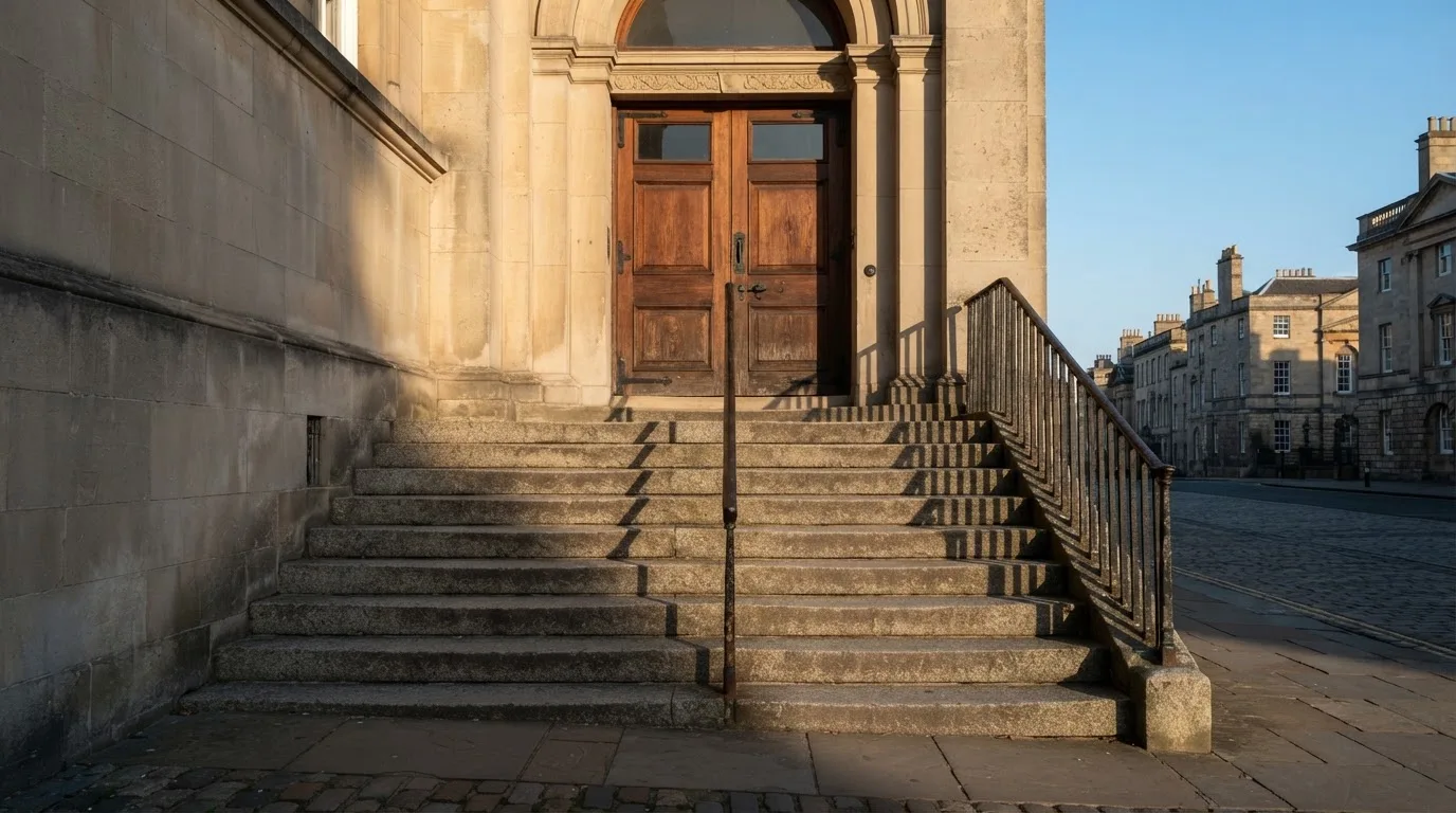 Granitowe schody prowadzące do wysokich drewnianych drzwi budynku w porannym świetle, pusta balustrada.