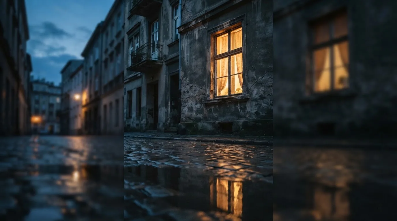 Szare okno kamienicy wieczorem, w którym pali się lampa, pod nim mokry bruk uliczki.