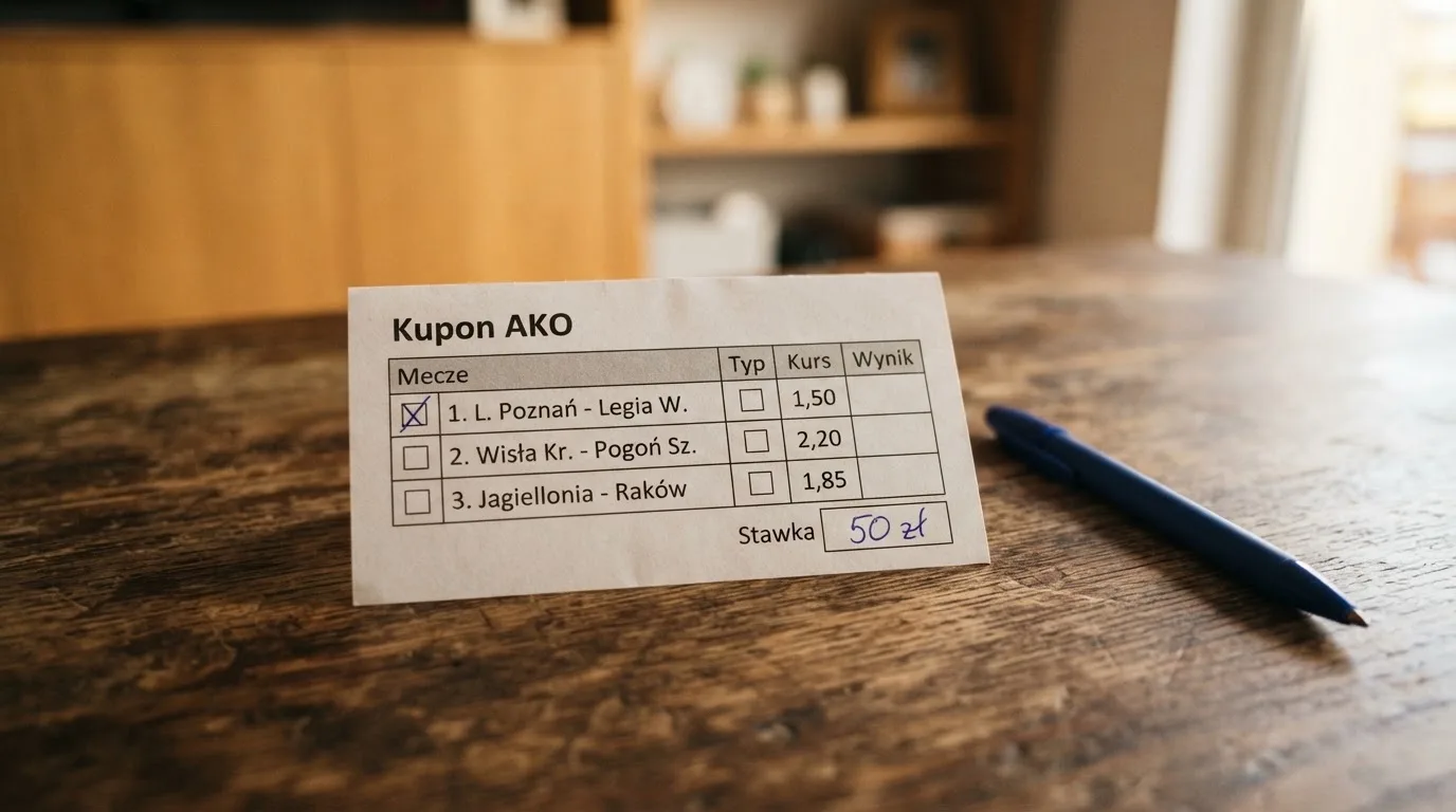Pusty papierowy kupon zakładu leżący na drewnianym stole obok długopisu, w tle rozmyta szafka.