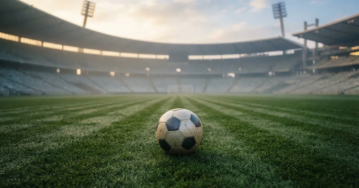 Samotna piłka na murawie ogromnego stadionu o świcie po zakończonej imprezie, trybuny puste.
