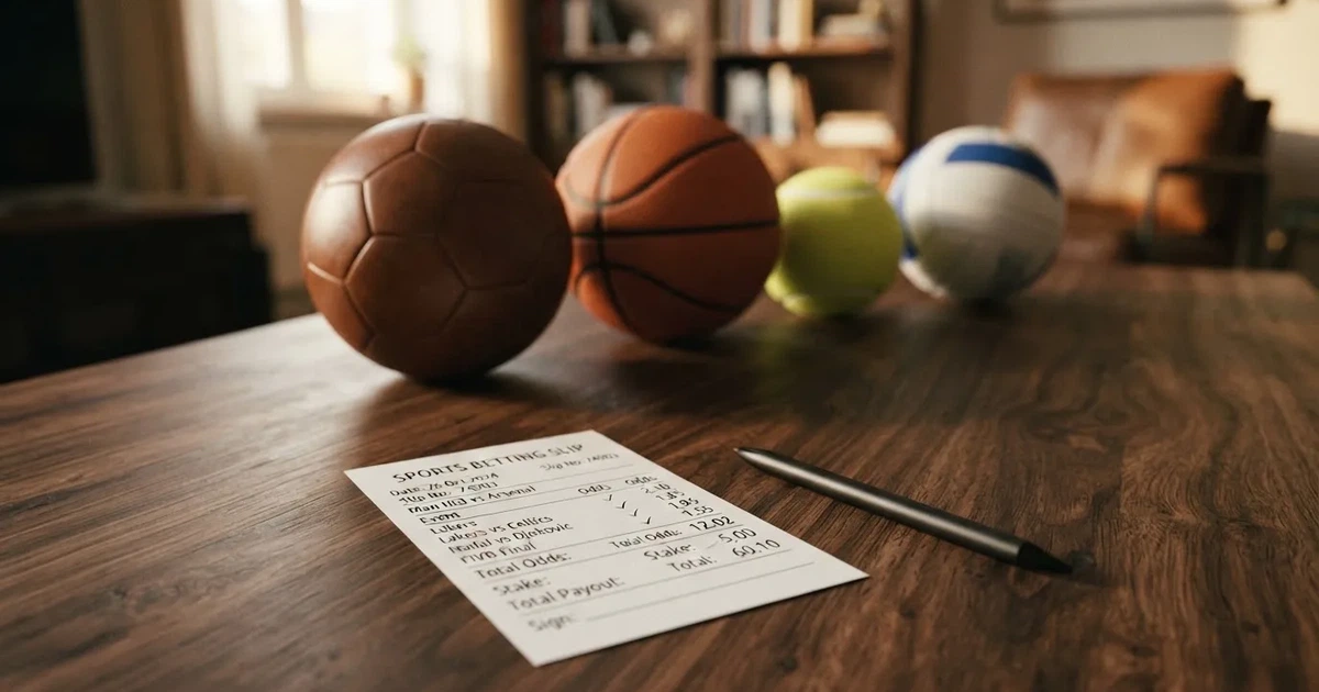 Pusty papierowy kupon zakładu leży na stole obok długopisu, a w rzędzie za nim stoją cztery piłki: futbolowa, koszykowa, tenisowa i siatkowa.