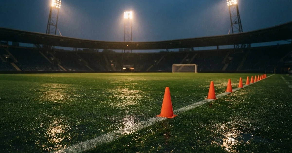 Pusty stadion piłkarski w deszczowy wieczór, mokra murawa odbija światła reflektorów, przy linii bocznej stoją pomarańczowe pachołki treningowe.