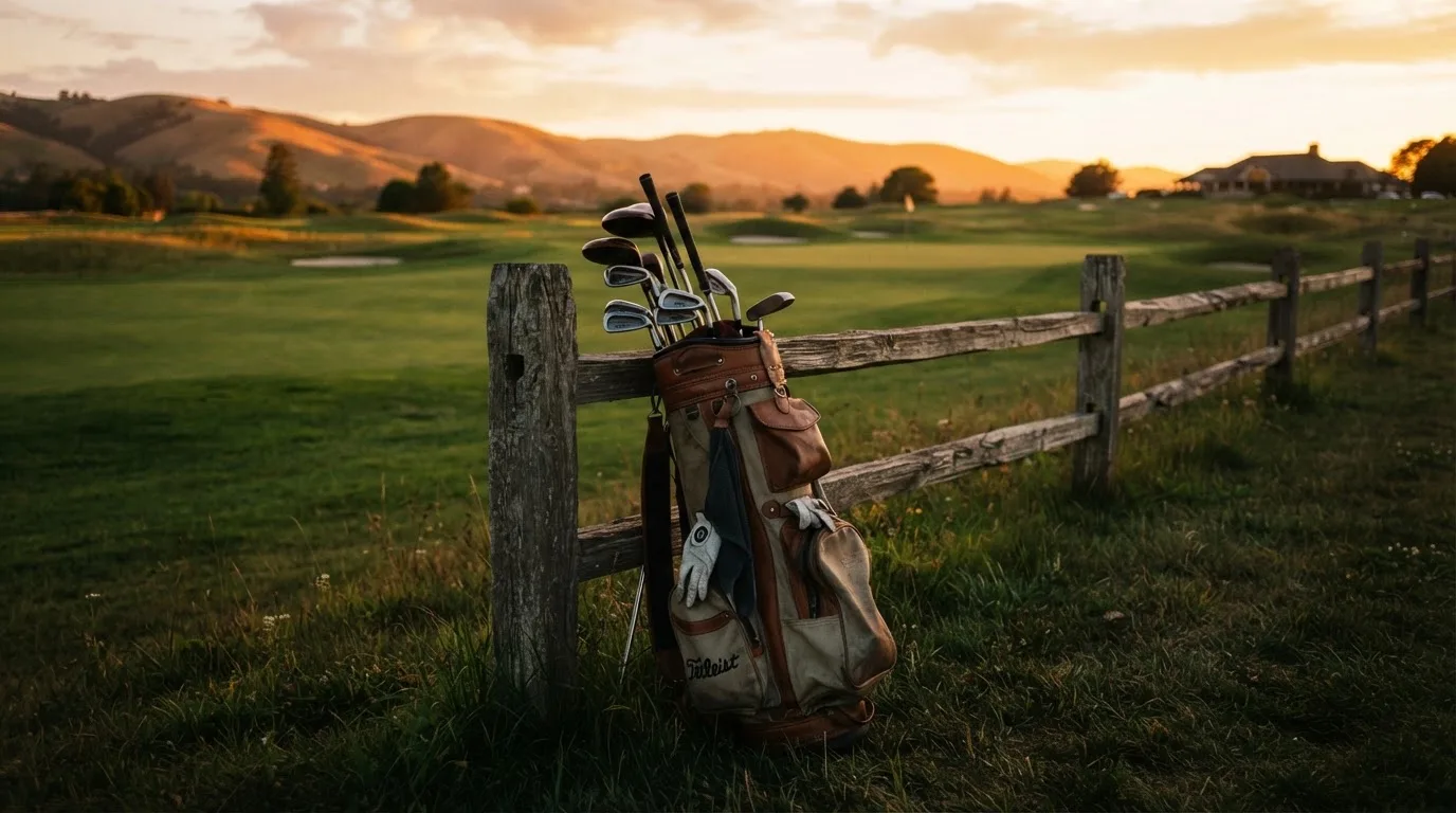 Torba golfowa z kijami oparta o drewniany płotek na polu golfowym, w tle wzgórza w złotym świetle zachodu.