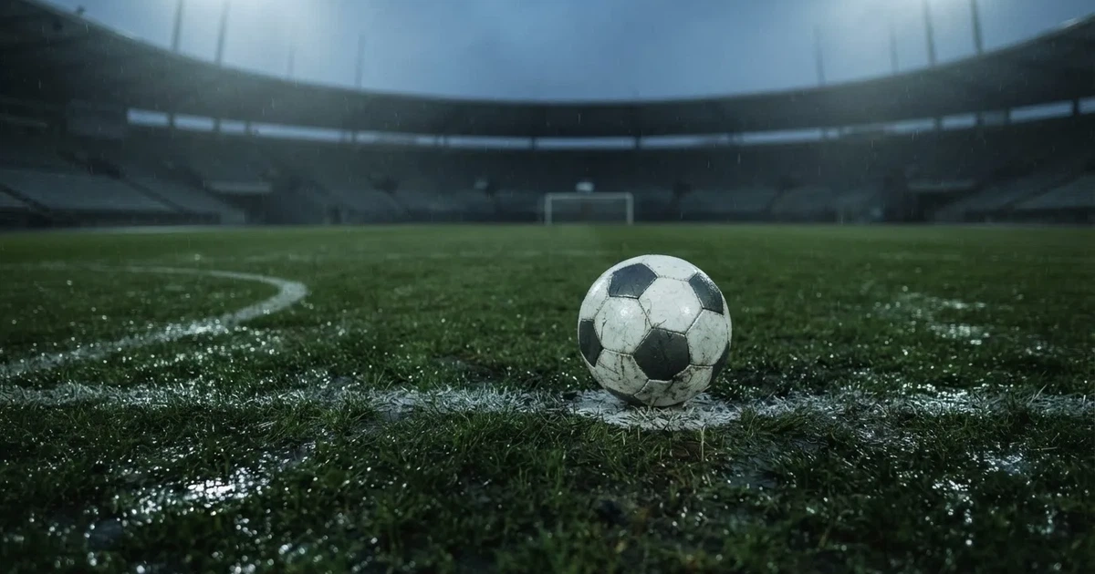 Futbolowa piłka stoi na punkcie karnym w pustym stadionie podczas mżawki, w tle rozmyte trybuny i jasne światło masztów.