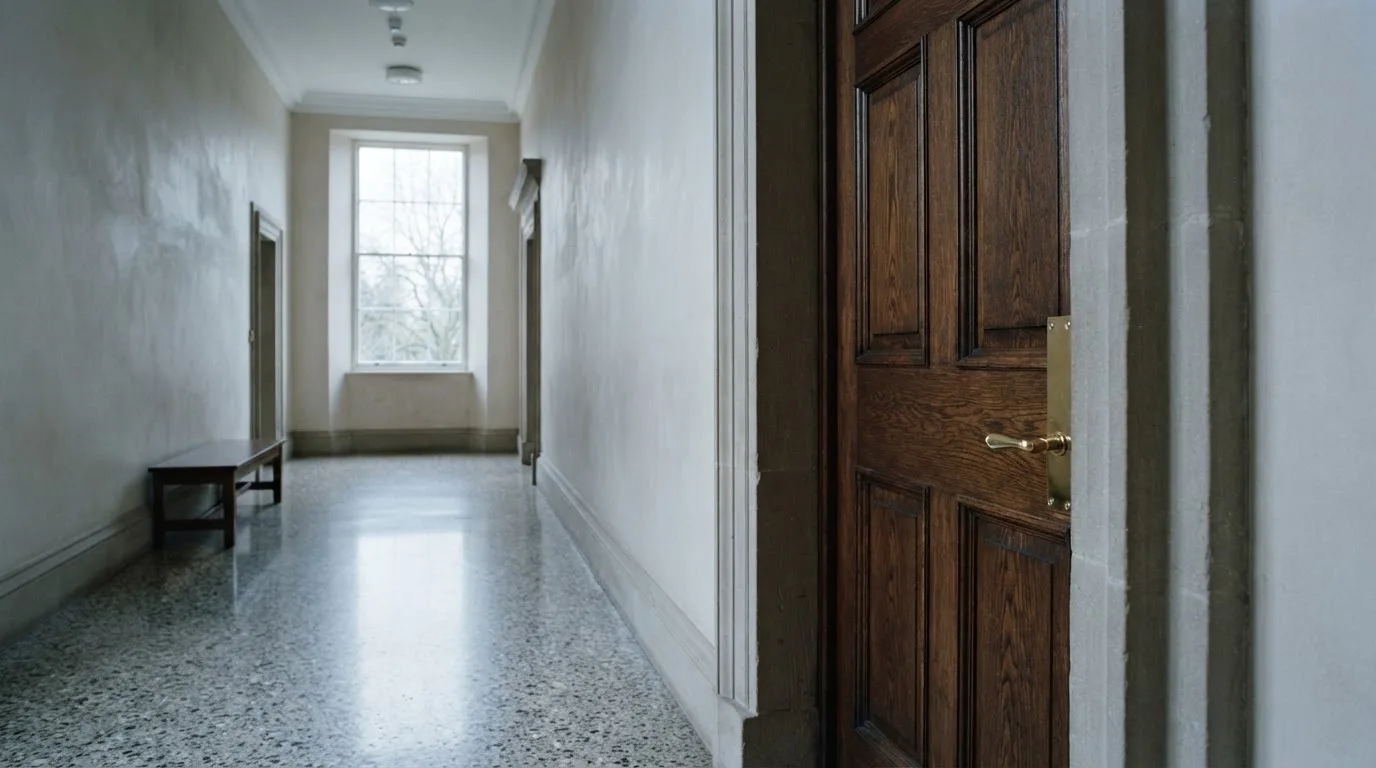 Ciężkie drewniane drzwi z mosiężną klamką w korytarzu urzędowym, ujęcie z boku w chłodnym świetle okna.
