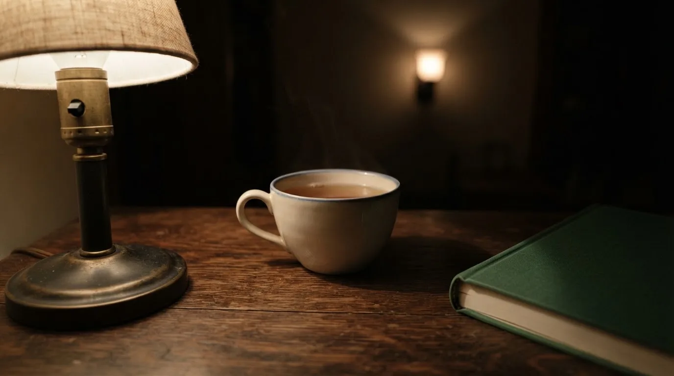 Filiżanka stygnącej herbaty i zgaszona lampka na biurku nocą, obok leży zamknięty zeszyt.