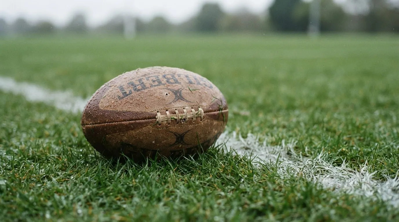 Owalna piłka do rugby leży na mokrej trawie obok linii pola punktowego w chłodnym świetle dnia.