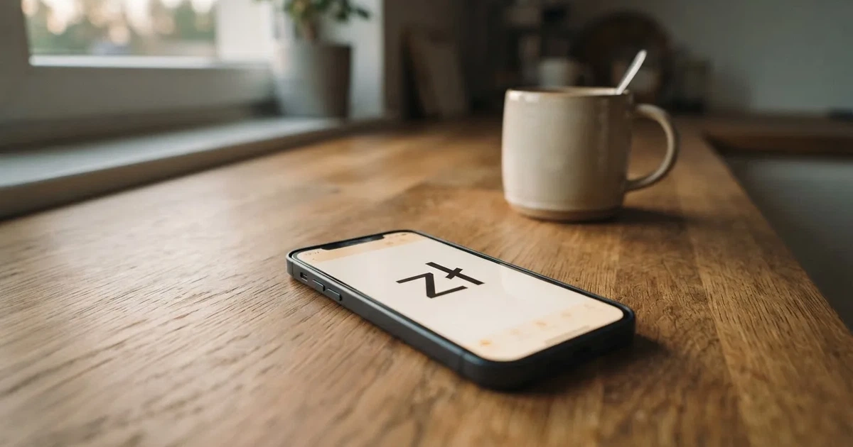 Trzy smartfony leżą w rzędzie na drewnianym blacie, ekrany wygaszone, równo wyrównane względem krawędzi stołu.