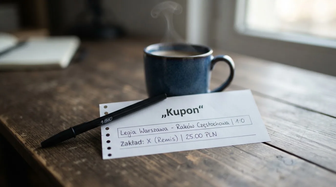 Pusty biały papierowy kupon i długopis leżą na brzegu stołu, obok stoi kubek kawy w porannym świetle.