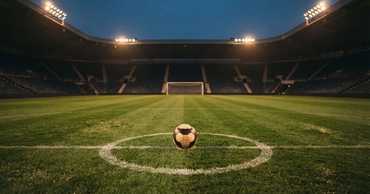 Piłka nożna leży na środku murawy dużego stadionu o zmierzchu, a nad boiskiem świecą rzędy reflektorów nad pustymi trybunami.