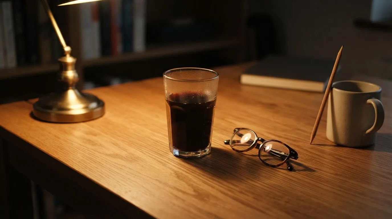 Szklanka kawy i okulary leżą na drewnianym biurku w świetle lampki, obok stoi ołówek oparty o kubek.