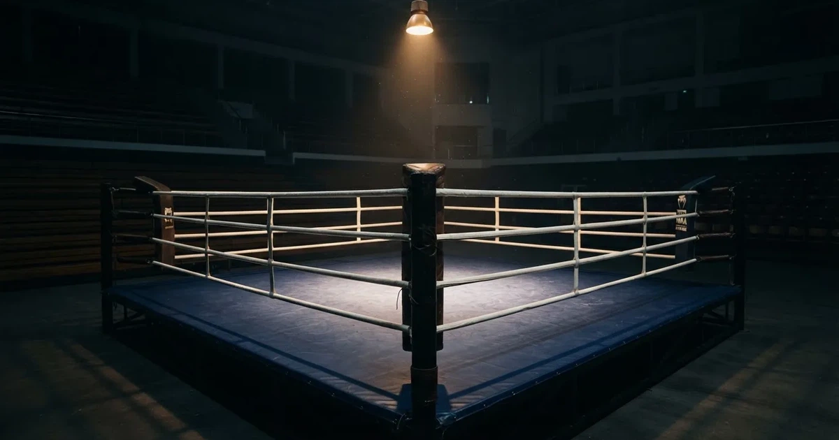 Ring w pustej hali sportowej oświetlony pojedynczą lampą z góry, liny napięte, wokół ciemne trybuny.