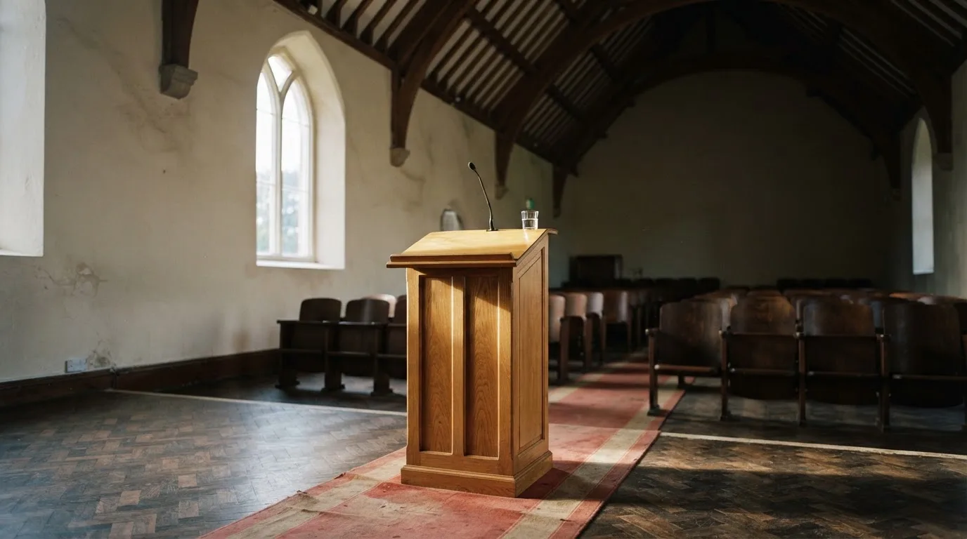 Pusty drewniany pulpit mówcy w sali z wysokim sufitem, oświetlony światłem z bocznego okna.