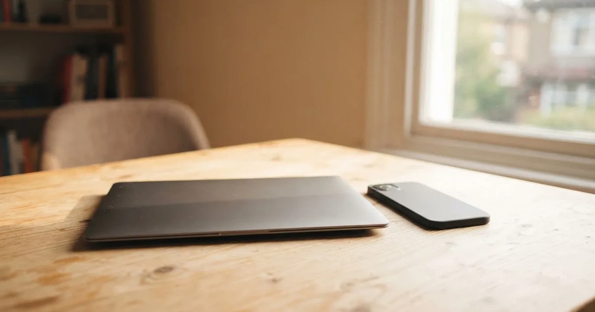 Zamknięty laptop i smartfon leżą równo obok siebie na jasnym biurku przy oknie w świetle dnia.