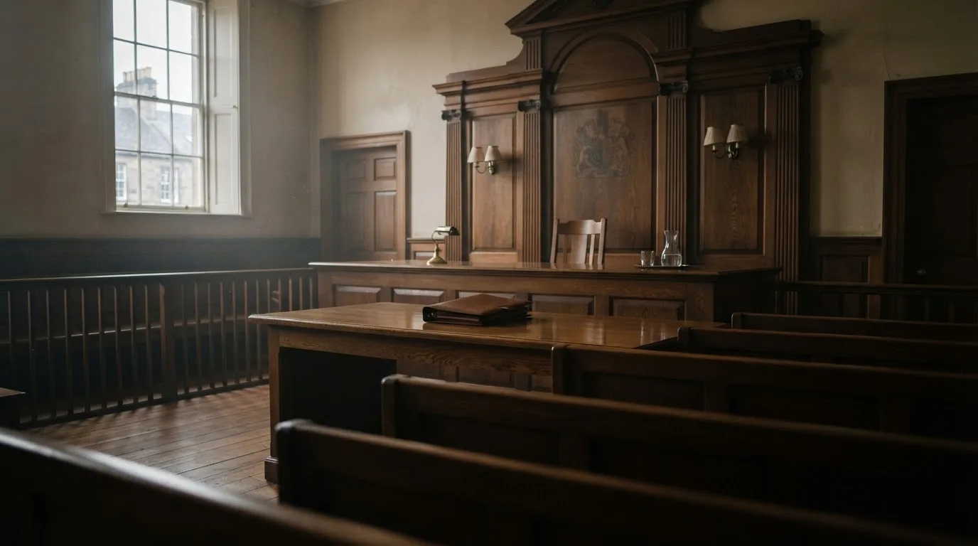 Pusta ława w sali sądowej z drewnianymi panelami, oświetlona światłem z wysokiego okna.