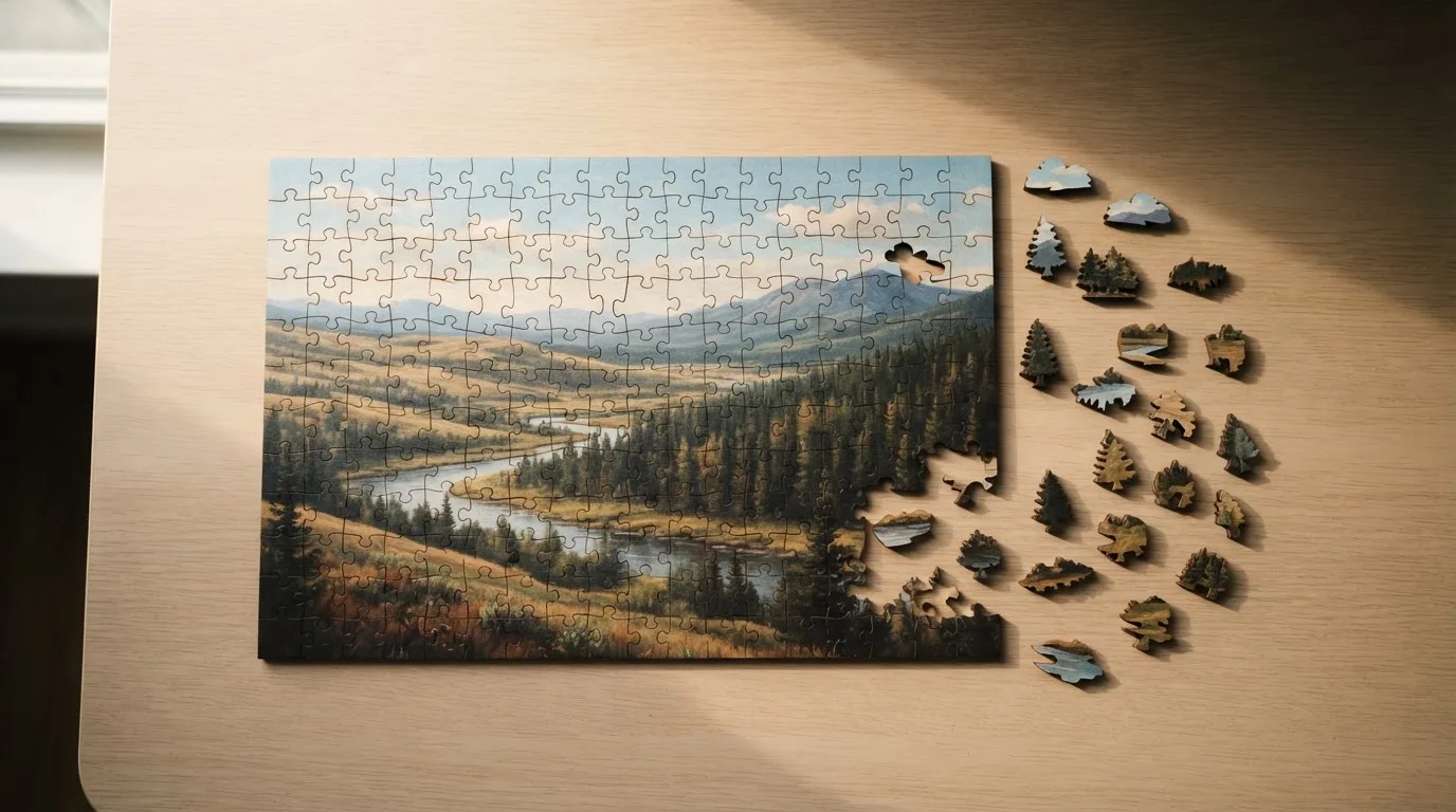 Układanka puzzle częściowo złożona na blacie stołu, kilka elementów leży obok w świetle okna.